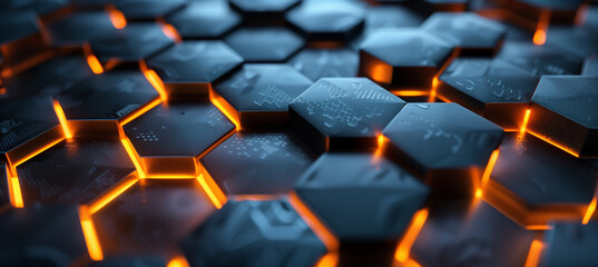 3D render, abstract dark background with black and copper hexagon tile wall texture.