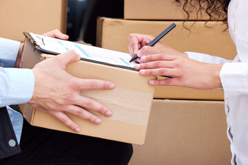 Aufkleber - Sign, woman or hands of delivery man with van, invoice or package in transportation shipping business. Outdoor, checklist or courier driver with clipboard for cargo, distribution service or logistics