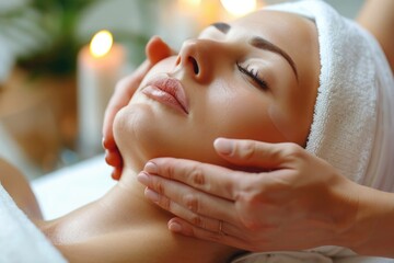 Beautician making lymphatic drainage face massage or facelifting massage at the beauty salon