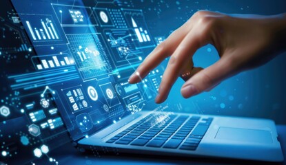 Fototapete - A hand touching the screen of an open laptop