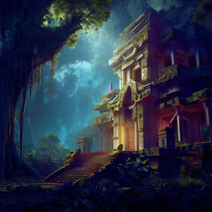 Wall Mural - Fantasy temple in tropical forest at night, old building ruins in jungle, Surreal mystical fantasy artwork