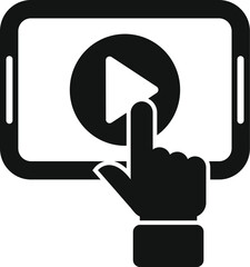 Poster - graphic icon of a hand tapping a play button on a tablet screen indicating video play action