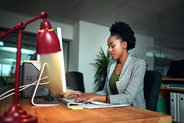Poster - Typing, computer and black woman in office for research with creative project online for startup. Career, technology and African female copywriting editor working on web design on pc in workplace.
