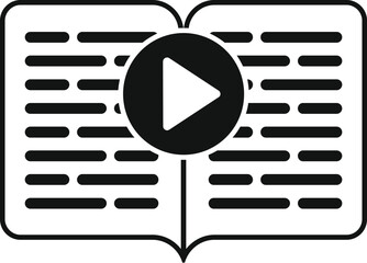 Poster - black and white vector illustration depicting an open book with a central play button, symbolizing m