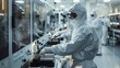 © Vodkaz - In a semiconductor laboratory, engineers donning protective suits meticulously operate laser-guided machinery to fabricate microchips within a pristine environment