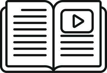 Poster - linear icon illustration of an open book with a play button, symbolizing multimedia learning