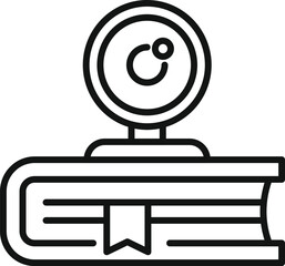 Poster - black and white line art of a webcam placed on an closed book, depicting online education or virtual