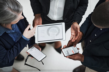 Aufkleber - Tablet, planning and hands of business people with app, phone and tech with news or data in meeting. Research, info and teamwork with project stats on web, reading graph and typing review or report