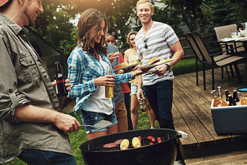 Wall Mural - People, barbecue and serving with plate in backyard with diversity cooking and choice with meat on fire. Friends, men and women with beer, happy and relax with food by bbq grill on holiday in Florida