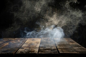 Old wood table top with smoke in the dark background - generative ai