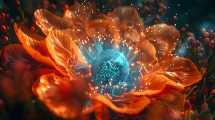 Surreal abstract artwork image of beautiful glowing flower background, blue element of sperm cell and vibrant orange petals, symbol of life and renewal, human plant reproduction concept 3d modern art.