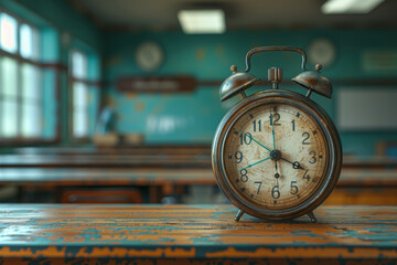 Canvas Print - A classroom clock ticking away the final moments of the school year, signaling the impending freedom of summer vacation. Concept of anticipation and countdown. Generative Ai.