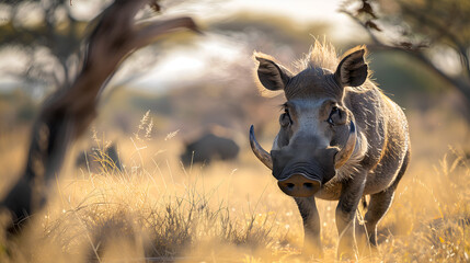 Wall Mural - A warthog kneeling to forage for roots in the sun-dappled savannah