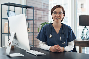 Poster - Woman, portrait and doctor in office for healthcare services, advice and consulting in clinic. Happy female therapist, medical worker and consultant at desk in hospital for wellness management