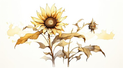 Wall Mural - Watercolor sketch of a sunflower reaching towards the sun with its golden petals and rich brown center