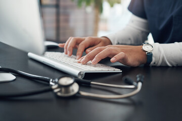 Poster - Internet, hand and doctor by desk for typing with check test results, writing report and connection for medical article. Clinic, health expert and fingers of woman on keyboard for research and faq