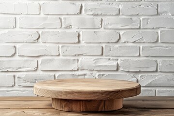 Empty wooden pedestal on kitchen table before white brick wall - generative ai