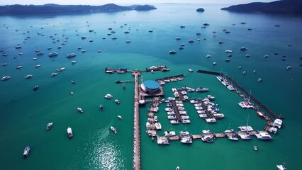 Wall Mural - Aerial view Drone shot of Yacht and sailboat in the pier, Chalong bay Phuket thailand,Amazing sunny sky clouds over sea,Beautiful sky sunny day time