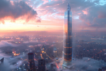 Poster - a futuristic skyscraper towering over the city skyline, its sleek glass facade reflecting the lights