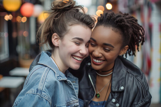 Multiethnic lesbian couple casual portrait in the street laughing together