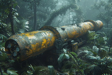 Precision-guided missile launcher camouflaged in the dense forest, awaiting the command to strike with deadly accuracy. Concept of long-range artillery and tactical stealth. Generative Ai.