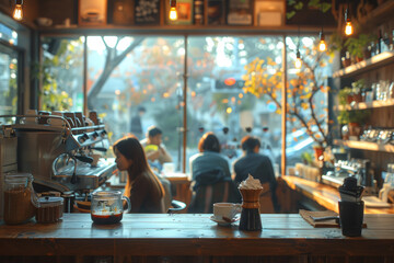 Aufkleber - A bustling metropolitan cafe scene with patrons enjoying trendy matcha lattes and artisanal pour-over coffees. Concept of urban lifestyle and contemporary beverage trends. Generative Ai.