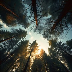 Wall Mural - Low angle view of pine trees in the forest during the day.