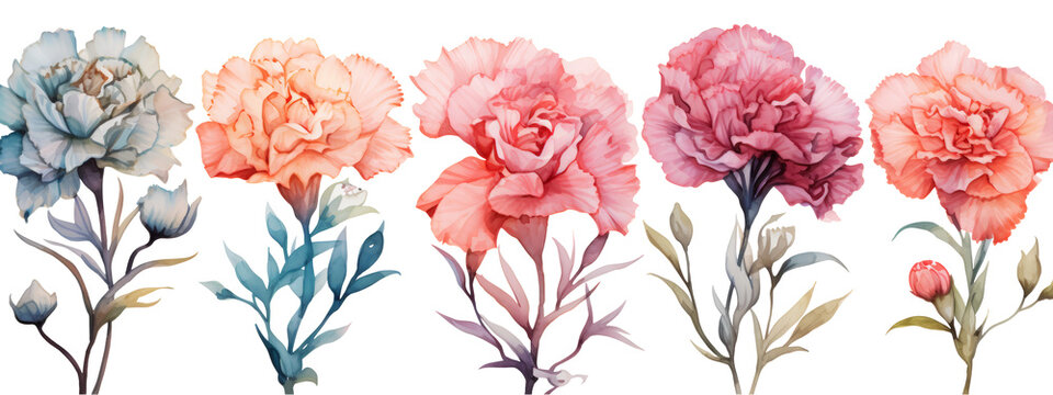 Set of water color carnation flower mockup in 3d without backoground png for decoration.
