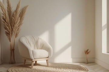 Wall Mural - Living room interior wall mockup in warm tones with beige linen armchair dried Pampas grass and woven rug. Boho style decoration on empty wall background. 3D rendering illustration.