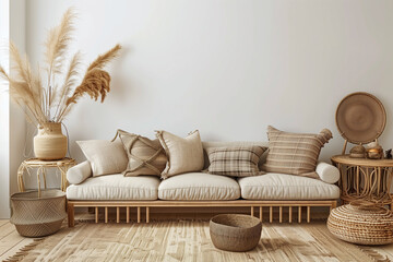 Wall Mural - Living room interior wall mockup in warm tones with beige linen armchair dried Pampas grass and woven rug. Boho style decoration on empty wall background. 3D rendering illustration.