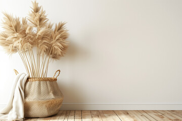 Wall Mural - Living room interior wall mockup with woven basket blanket and dried pampas grass in vase on wooden floor with empty white background. 3d rendering 3d illustration