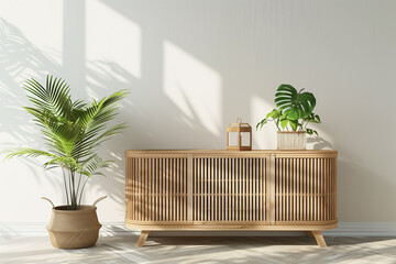 Wall Mural - Living room wall mockup in warm interior with wooden slat curved sideboard trendy green plant in basket and wicker lantern on blank white background. 3D rendering illustration