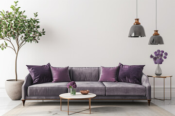 Wall Mural - Living room interior wall mock up with grey velvet sofa and plants 3d render