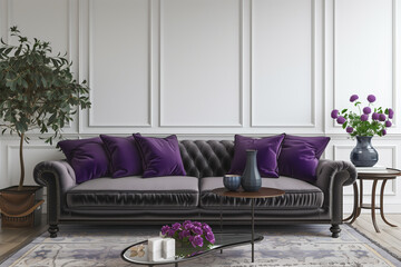Wall Mural - Living room interior wall mock up with grey velvet sofa and plants 3d render