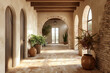 © Lucas - Mediterranean style hallway with arched door. Interior design of modern rustic entrance hall in farmhouse. Created with generative AI