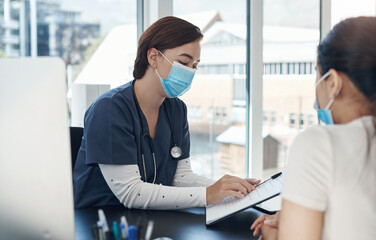 Poster - Tablet, woman and doctor for patient with office, medical and diagnosis or treatment research. Digital technology, healthcare or hospital worker with mask, consultation and clinic for symptom checkup