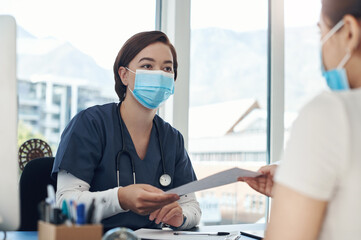 Poster - Prescription, woman and doctor for patient with office, hospital and consent form or treatment research. Document, health insurance or medical worker with mask, consultation and clinic for checkup