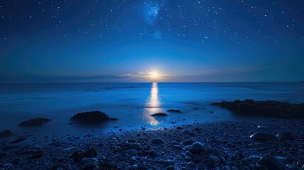 Wall Mural - blue night sky with stars over the sea, rocky beach at low tide with reflections and silhouette of sun on horizon,