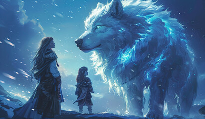 Wall Mural - A girl in a dress stands in a snowy forest next to a large white wolf.