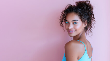 Afro woman wearing blue tank top smiling isolated on pastel background