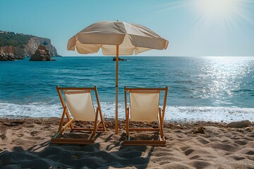 Poster - With the sun's intense rays beating down, imagine reclining in luxury on a sun chair beneath a chic umbrella on the beach