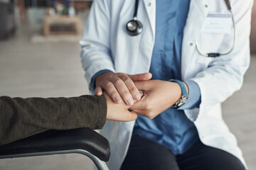 Poster - Doctor, person and holding hands for healthcare support in hospital office with closeup, empathy and kindness. Professional, expert and patient with sympathy for medical results, diagnosis and health