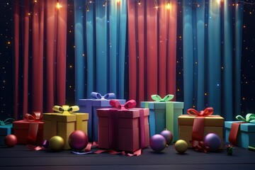 Wall Mural - Colorful gift boxes with ribbons and balls on the floor in a dark room with curtains. Christmas present concept 3D rendering illustration,