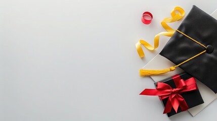 Wall Mural - GGT on a white background, a black and yellow graduation cap with a red ribbon next to a diploma, a top view, copy space concept for education or college celebration and party, minimalism.