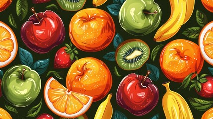 A pattern of different types of fruit like apples, oranges, and bananas. seamless illustration pattern.