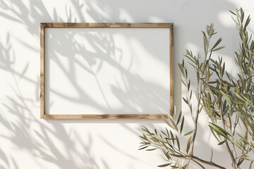 Sticker - Minimalist horizontal wooden frame mockup with green olive tree branches on empty white wall background. A4 A3 A size 3D rendering illustration