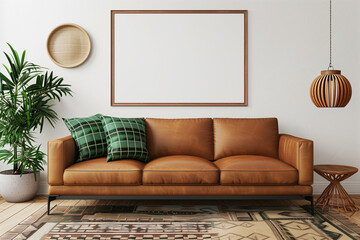 Wall Mural - Poster mockup with horizontal frame on empty wall in living room interior with pink sofa and multi-colored pastel pillows. 3D rendering.