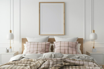 Sticker - Poster mockup with horizontal wooden frame hanging on the wall in bedroom interior with unmade bed pink plaid and green plants on empty white background. 3D rendering illustration.