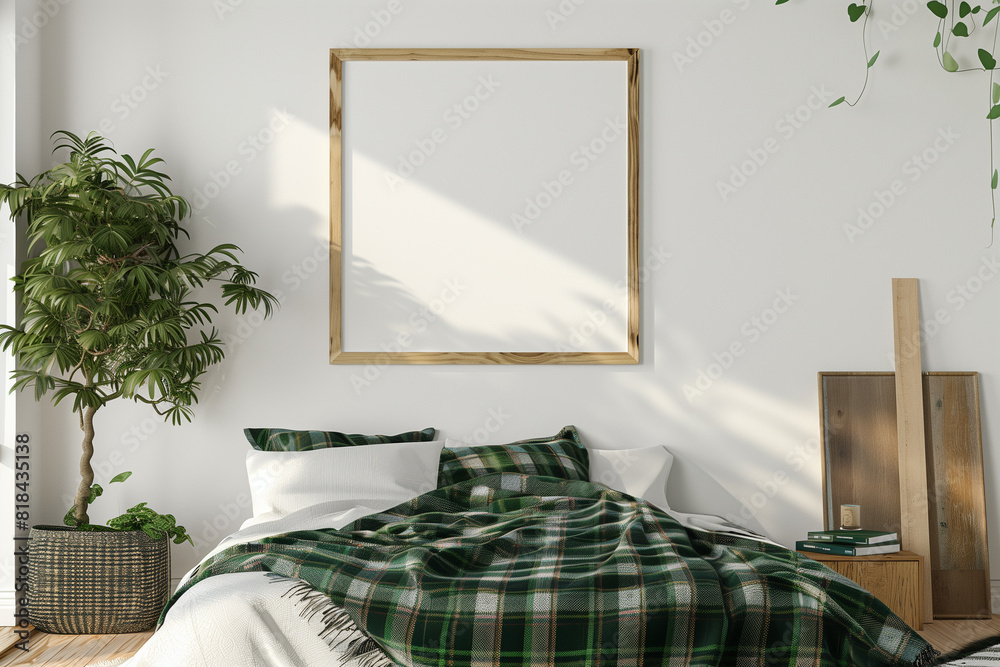 Poster mockup with wooden square frame on empty white wall in bedroom ...