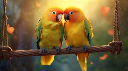 Wall Mural - Two yellow parrots are sitting on a rope